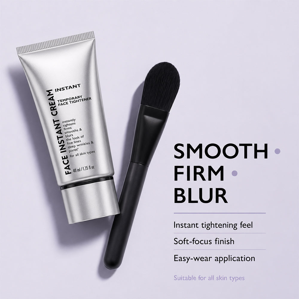 Face cream tube and black application brush on a lavender background