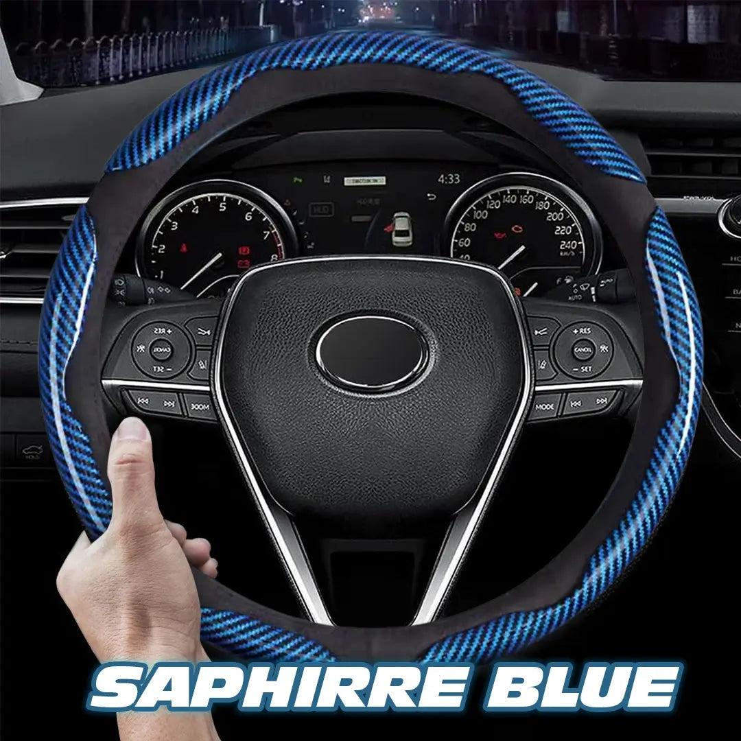 Sapphire Blue patterned steering wheel cover fitted on a car wheel