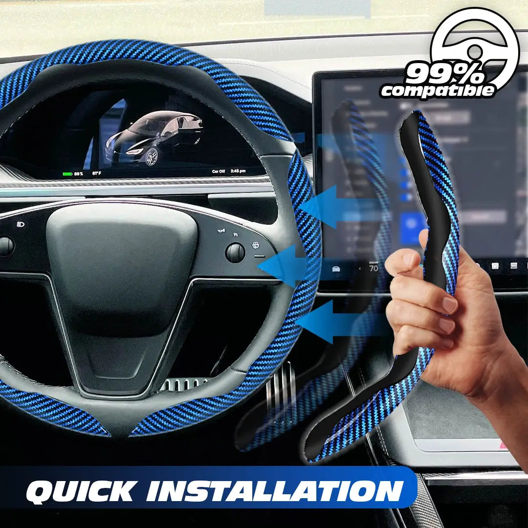 Blue steering wheel cover shown during installation