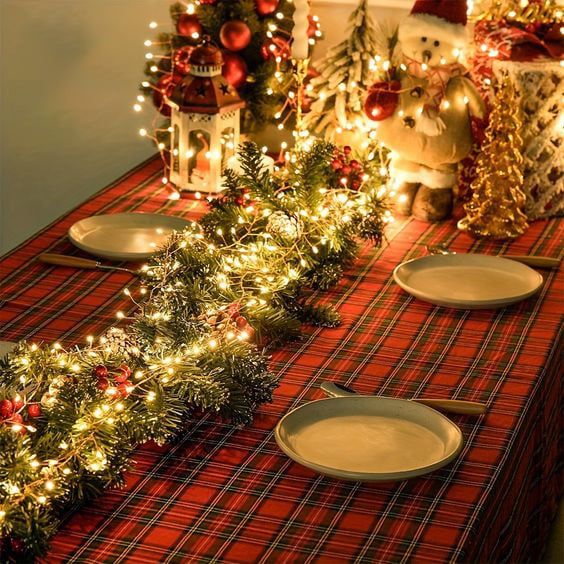 Warm LED lights on a festive dining table
