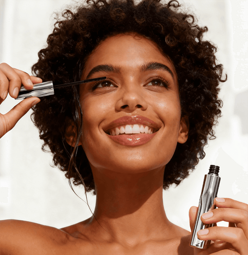 Woman applying mascara with silver tube
