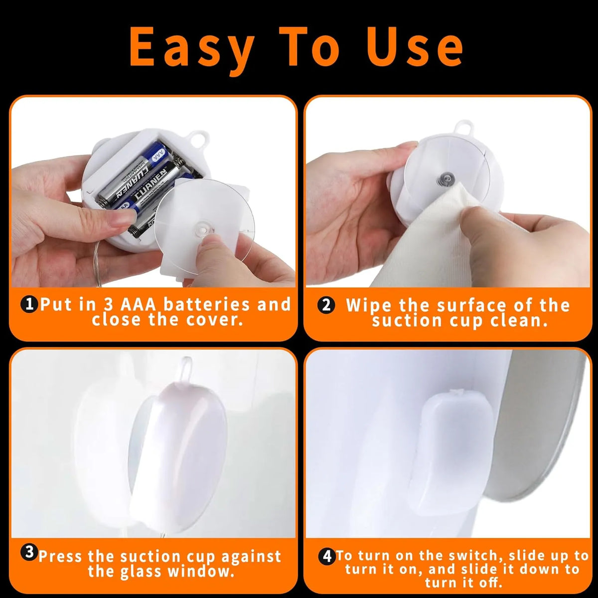 Four steps for adding AAA batteries and mounting a Halloween light on glass