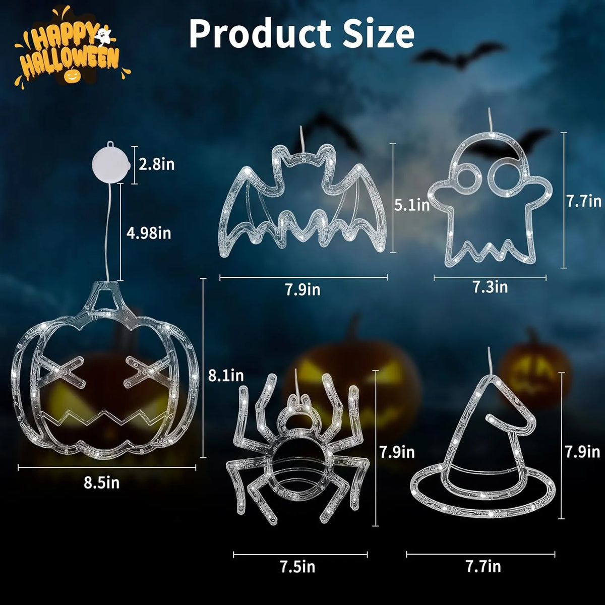 Individual dimensions for five Halloween decoration styles