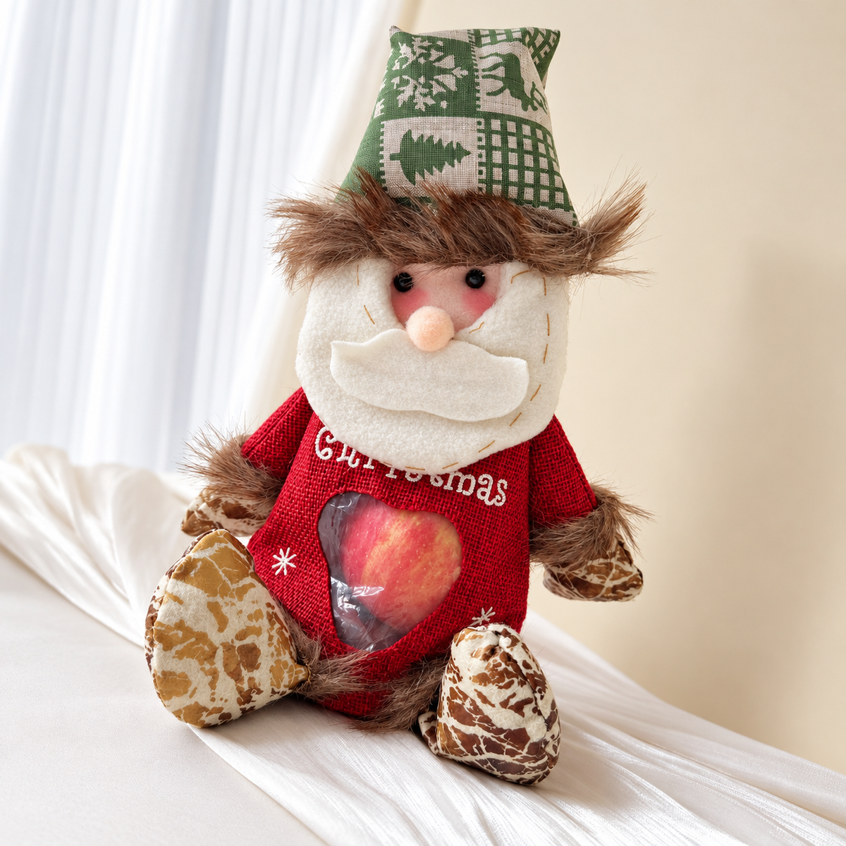 Santa decorative doll with green patterned hat and red body