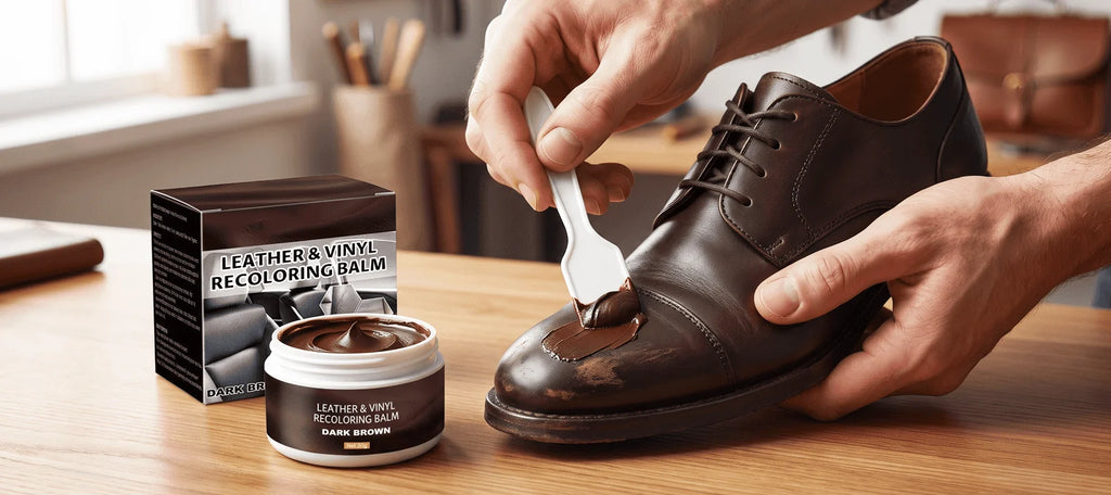 Brown balm being applied to a leather shoe