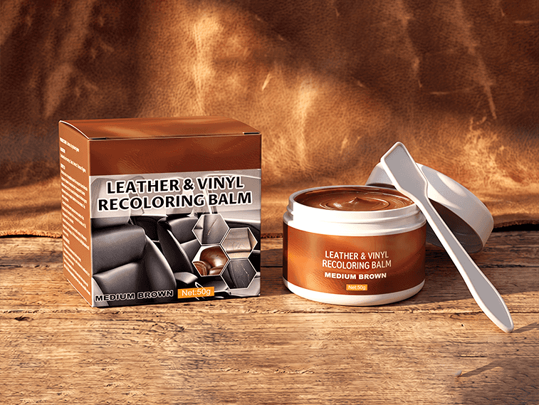 Medium Brown leather and vinyl recoloring balm jar and carton