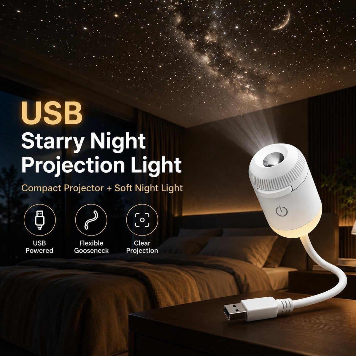 USB starry sky projector with a flexible neck and warm night-light base