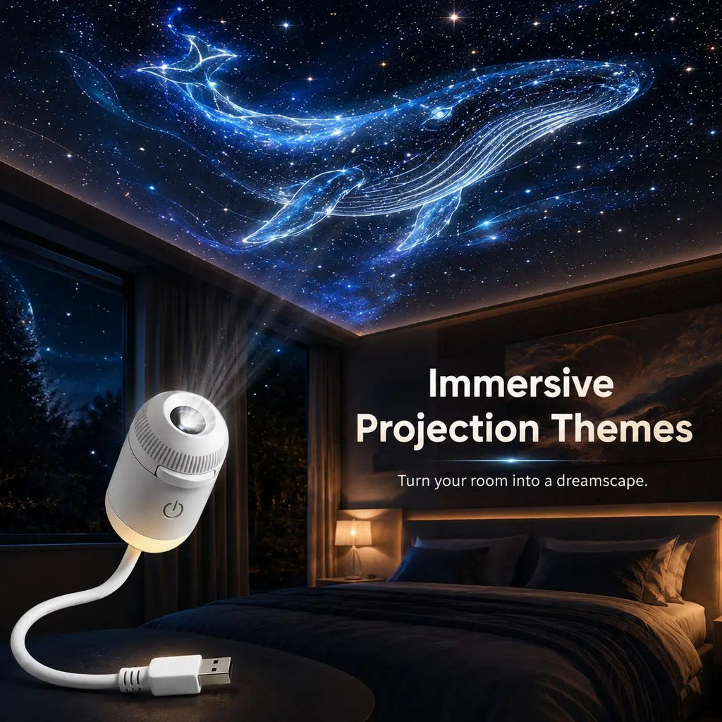 Whale and star projection across a dark bedroom ceiling