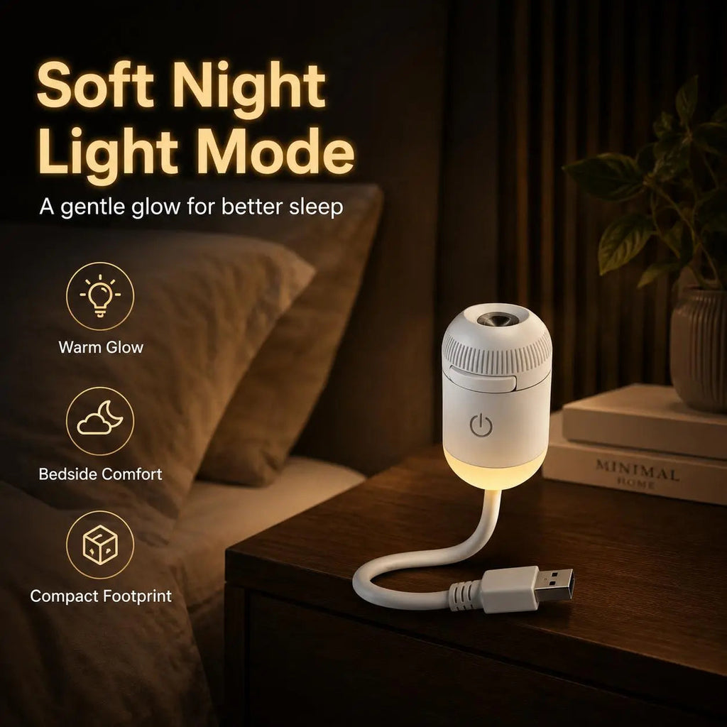 Warm ambient night-light mode on a bedside table