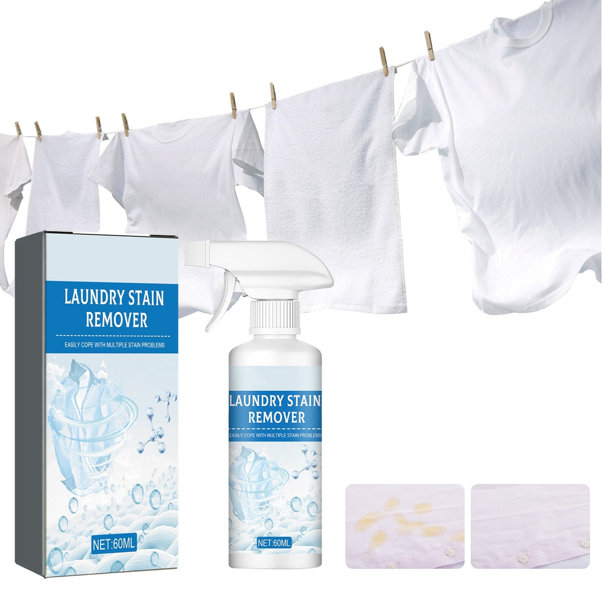 Stain remover spray bottle and box beside laundry