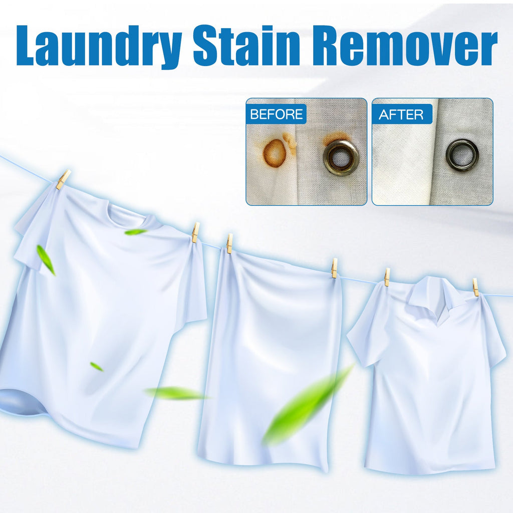 Laundry stain remover graphic with hanging clothes and a comparison inset