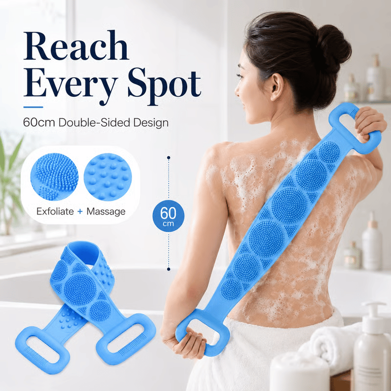 Blue silicone back scrubber with two handles shown in use