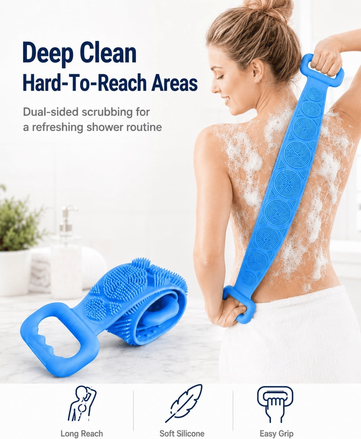 Blue silicone scrubber held across the back