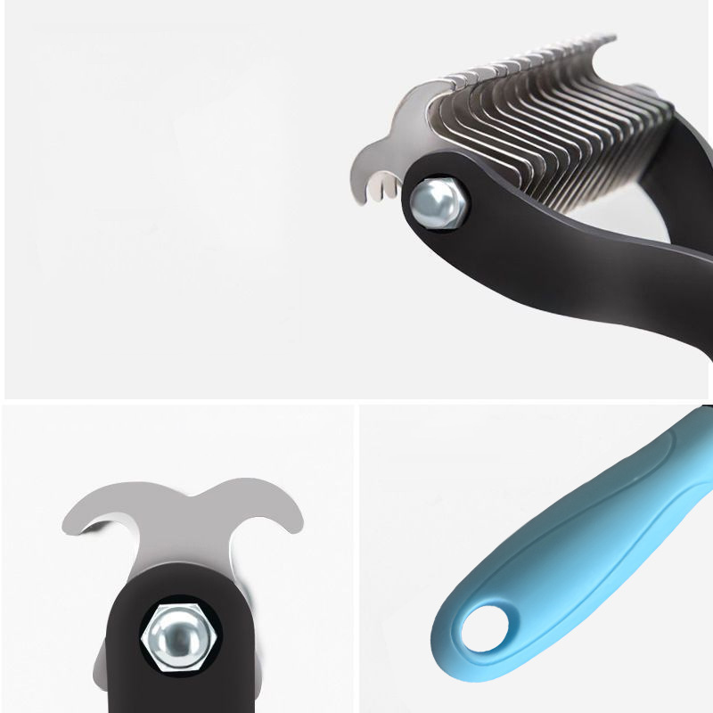 Close-up of the double-sided metal head, mounting hardware and blue handle