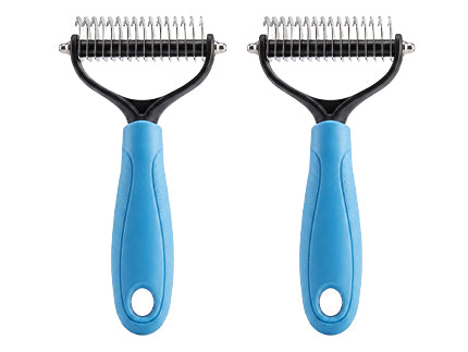 Two sides of a blue pet grooming comb
