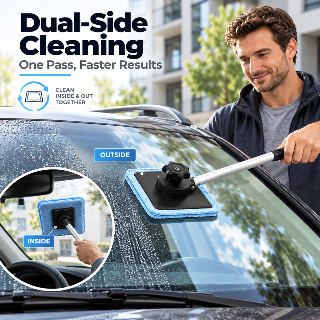 Dual-sided windshield cleaner on vehicle glass