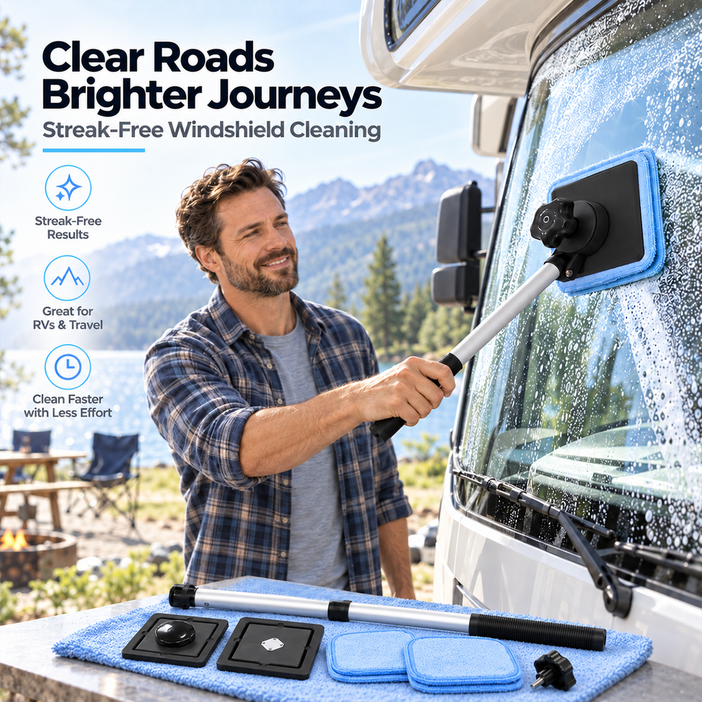 Magnetic cleaning head used on an RV windshield