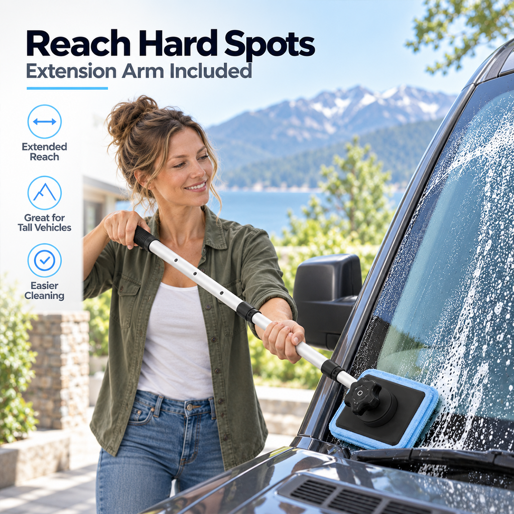 Extension handle reaching across a windshield