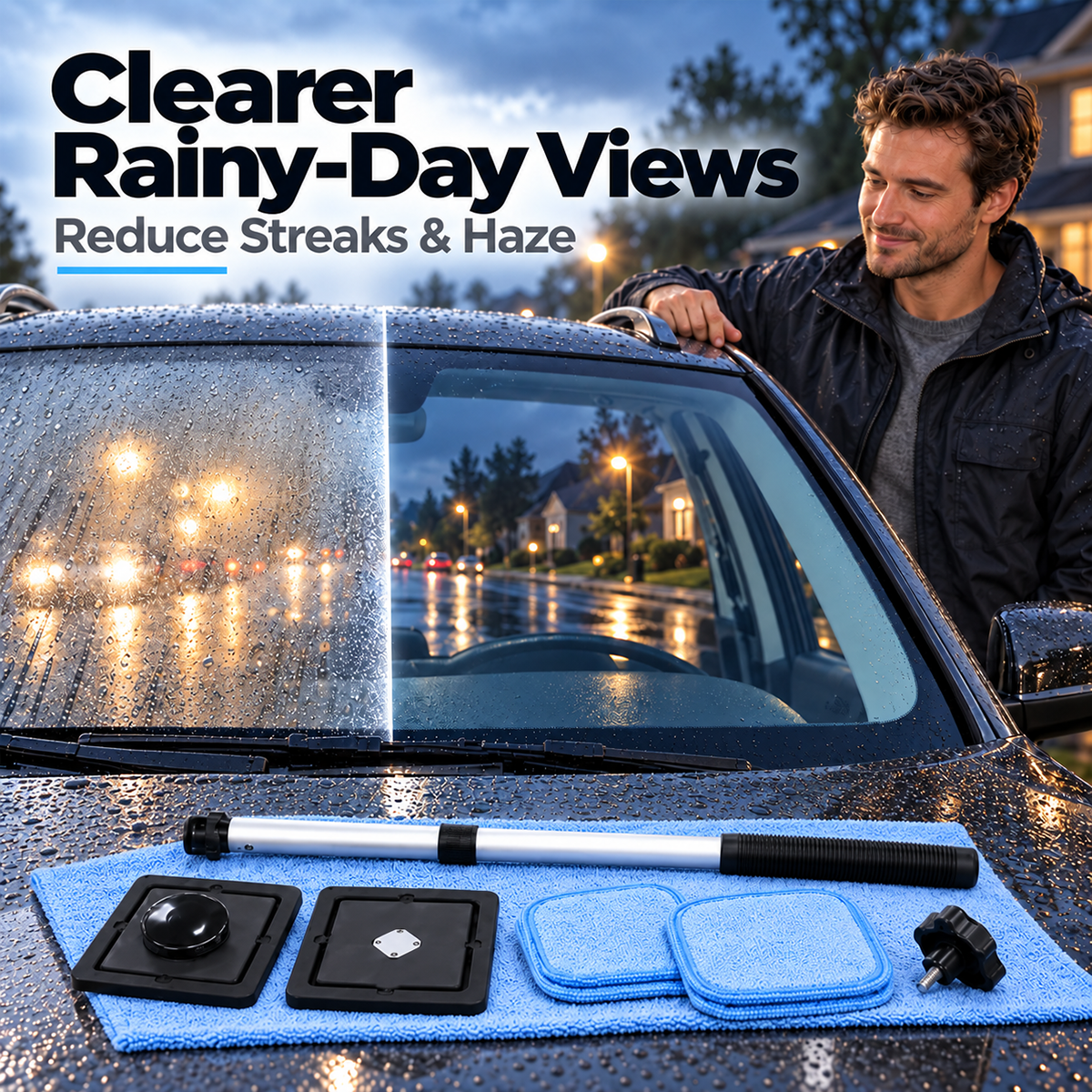 Windshield and cleaning kit in rainy weather