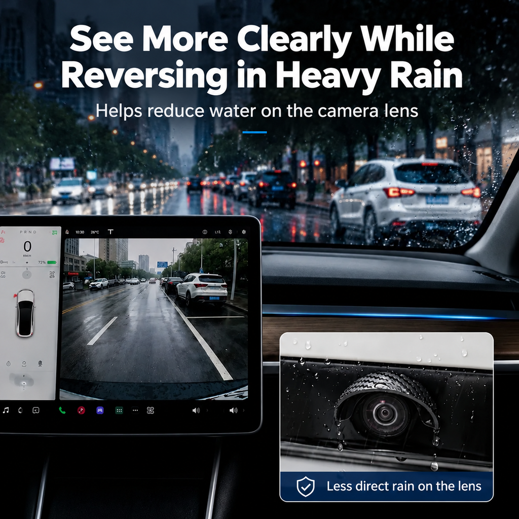 Rear-view camera screen in rainy conditions