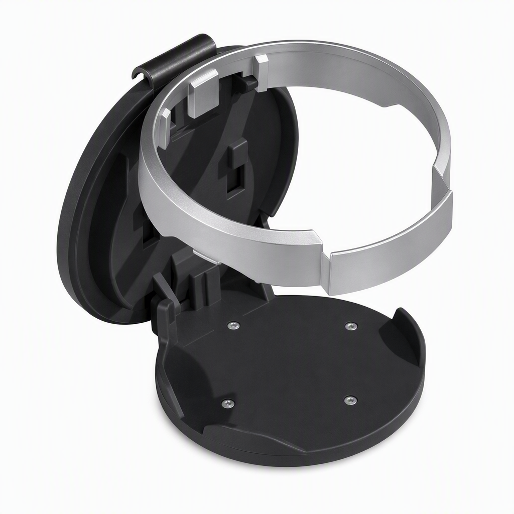 Black foldable car door cup holder on white background