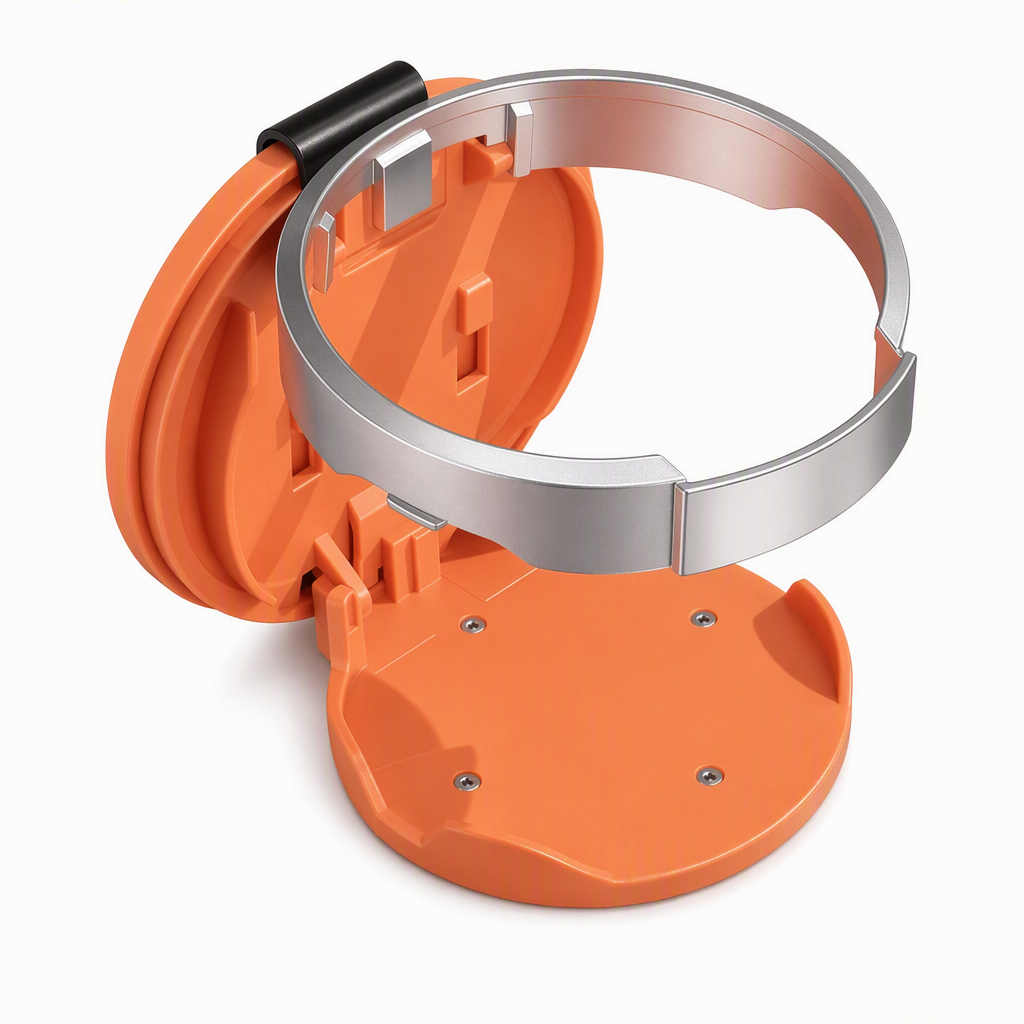 Orange foldable car door cup holder on white background