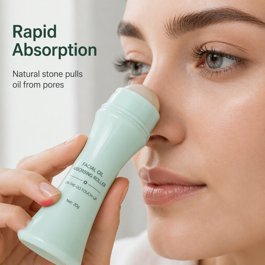 Facial oil-absorbing roller in use around the nose
