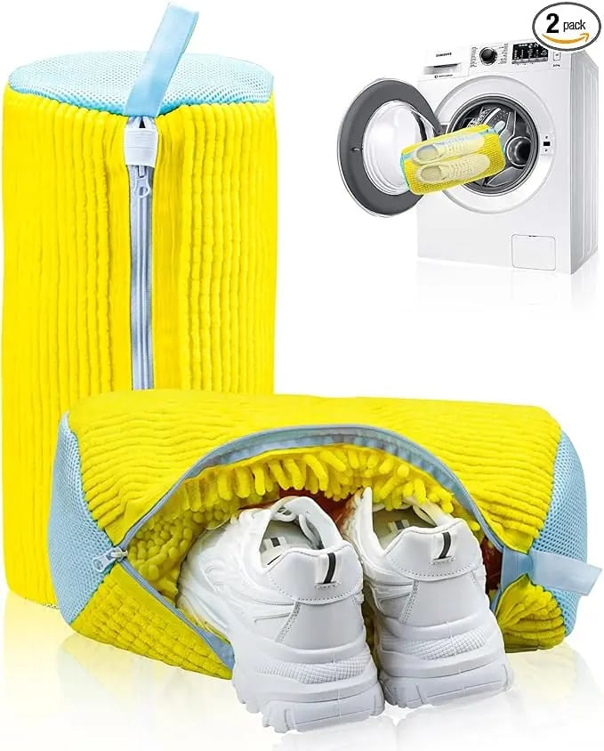 Yellow bag open and upright with sneakers