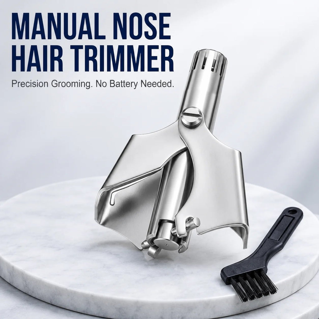 Stainless steel manual nose hair trimmer shown with a small brush