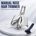 Stainless steel manual nose hair trimmer shown with a small brush