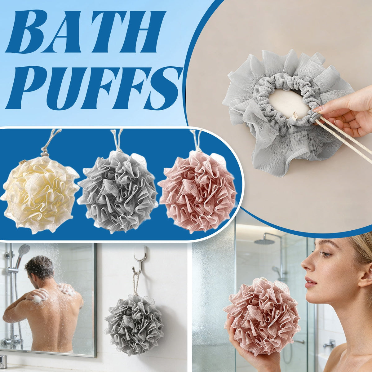 Bath puff colors and soap-pocket use shown in a collage