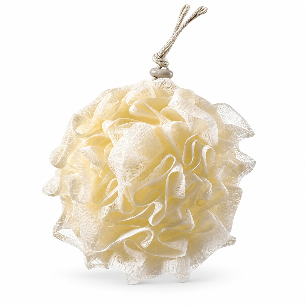 One beige Soap Loofah with a hanging drawstring on white