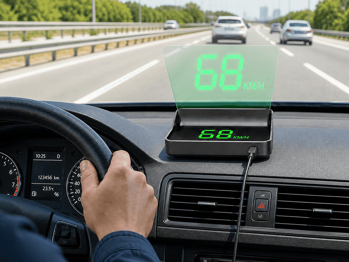 Green GPS speed display on a car dashboard