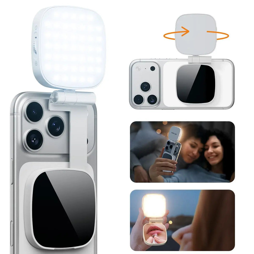 White magnetic LED selfie light with mirror