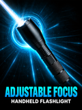 Black adjustable-focus flashlight with a blue beam