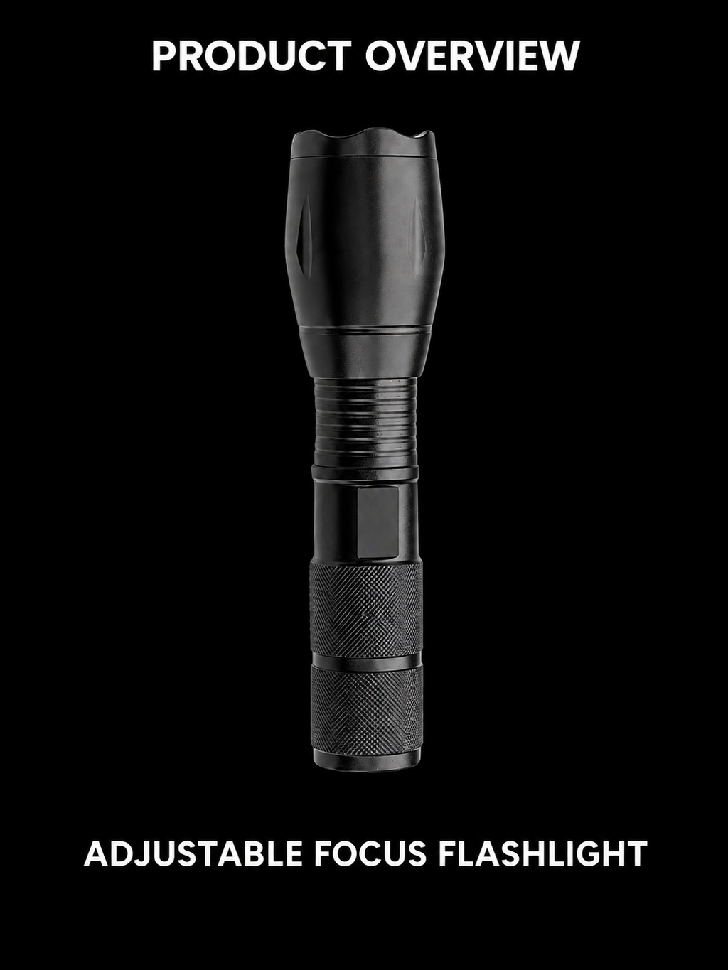 Full view of the black adjustable-focus flashlight