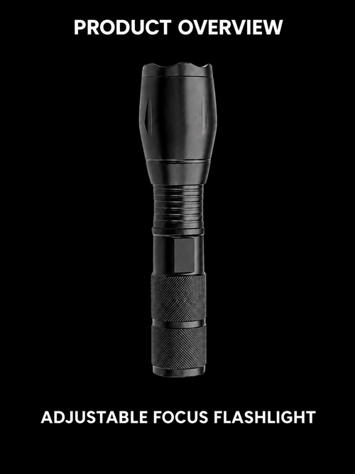 Full view of the black adjustable-focus flashlight