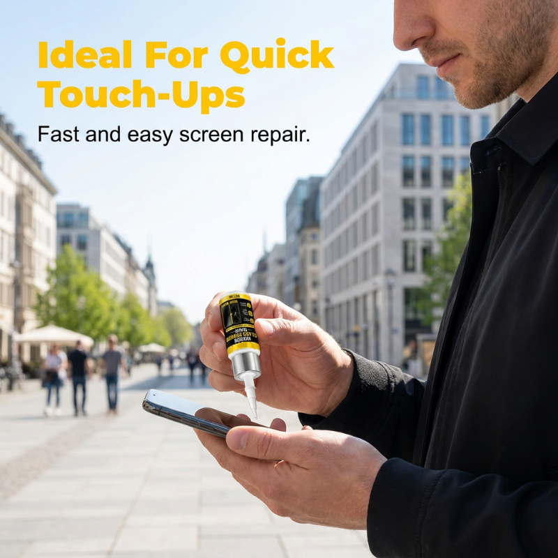 Person using an applicator near a phone outdoors