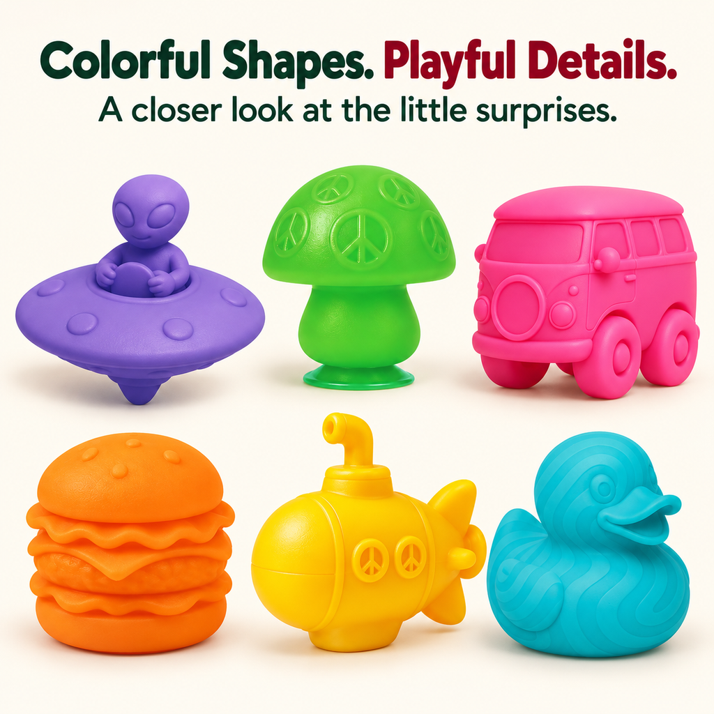 Six colorful toy designs: alien saucer, mushroom, minibus, burger, submarine and duck.