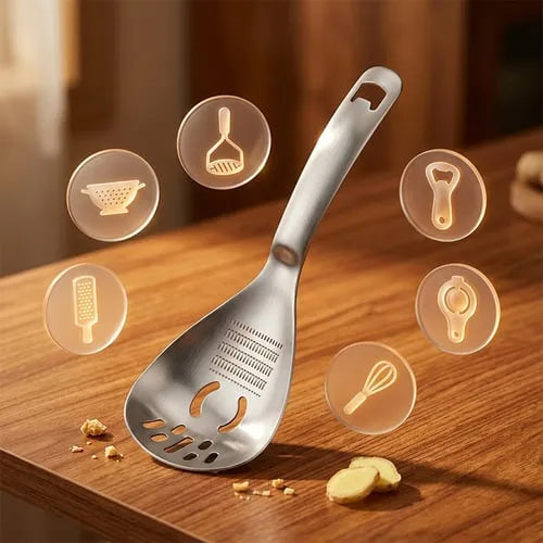 Stainless steel cooking spoon with grating surface, slots and handle opening