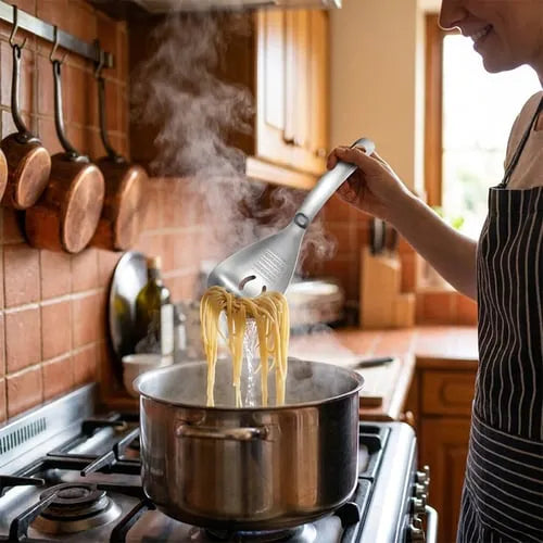 Cooking spoon lifting and draining pasta over a pot