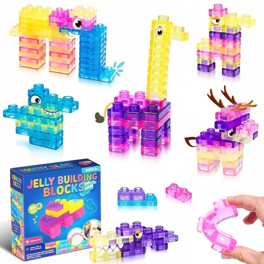Colorful translucent jelly blocks built into animals and vehicles