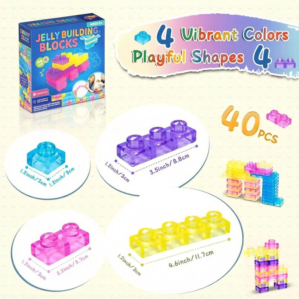 Pink, blue, yellow and purple jelly blocks in assorted shapes