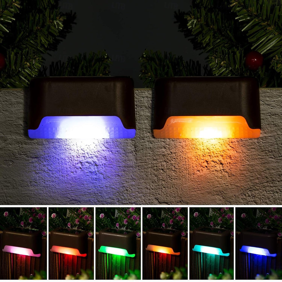 White, warm and multicolor illumination shown on solar deck lights