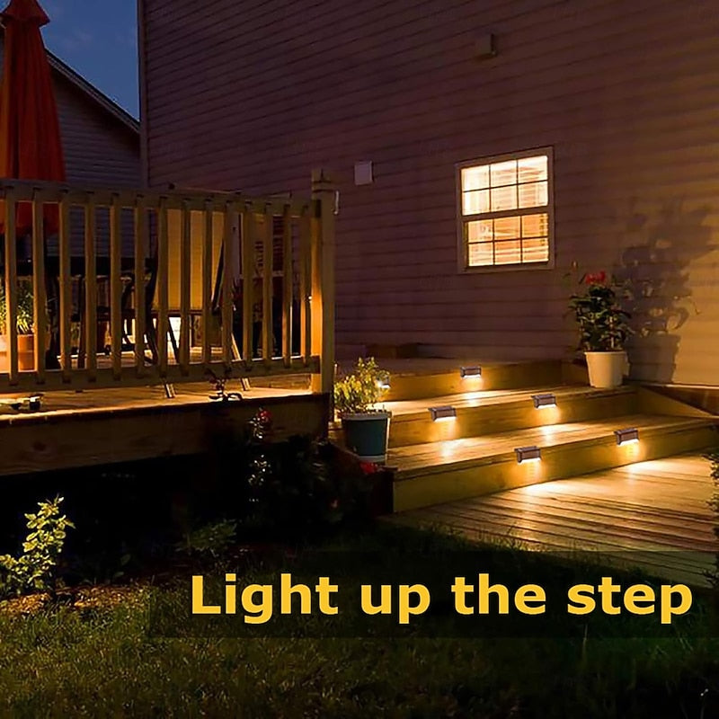 Warm solar lighting beside porch steps