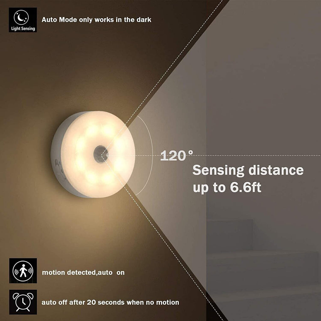 Round night light with an illustrated motion-sensing area