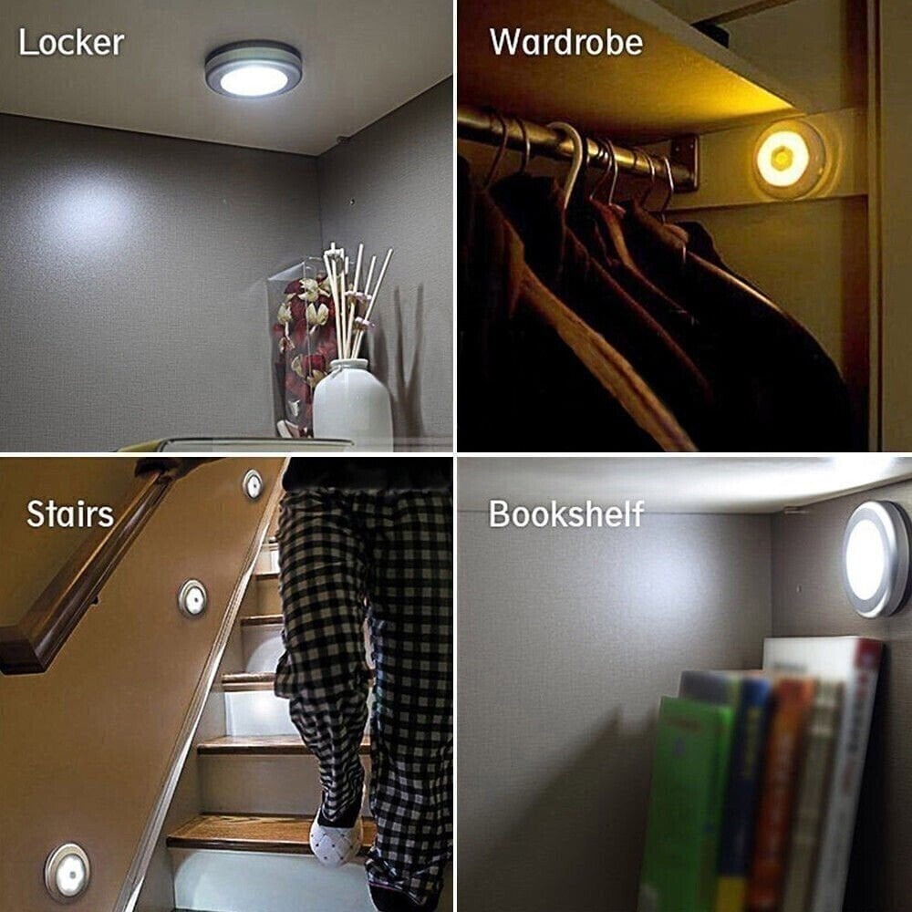 Night light placements in a closet, wardrobe, stairs and bookshelf