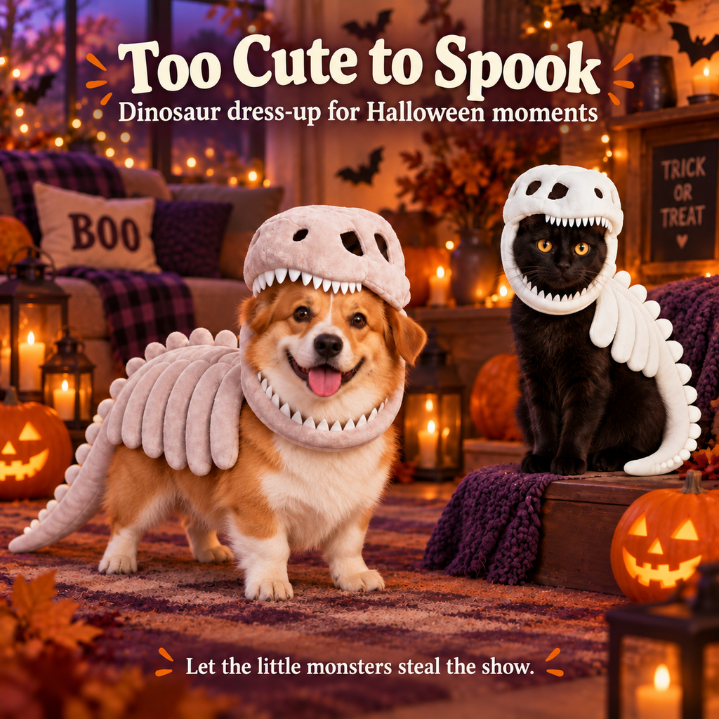 White and Gray pet skeleton costumes in a Halloween setting