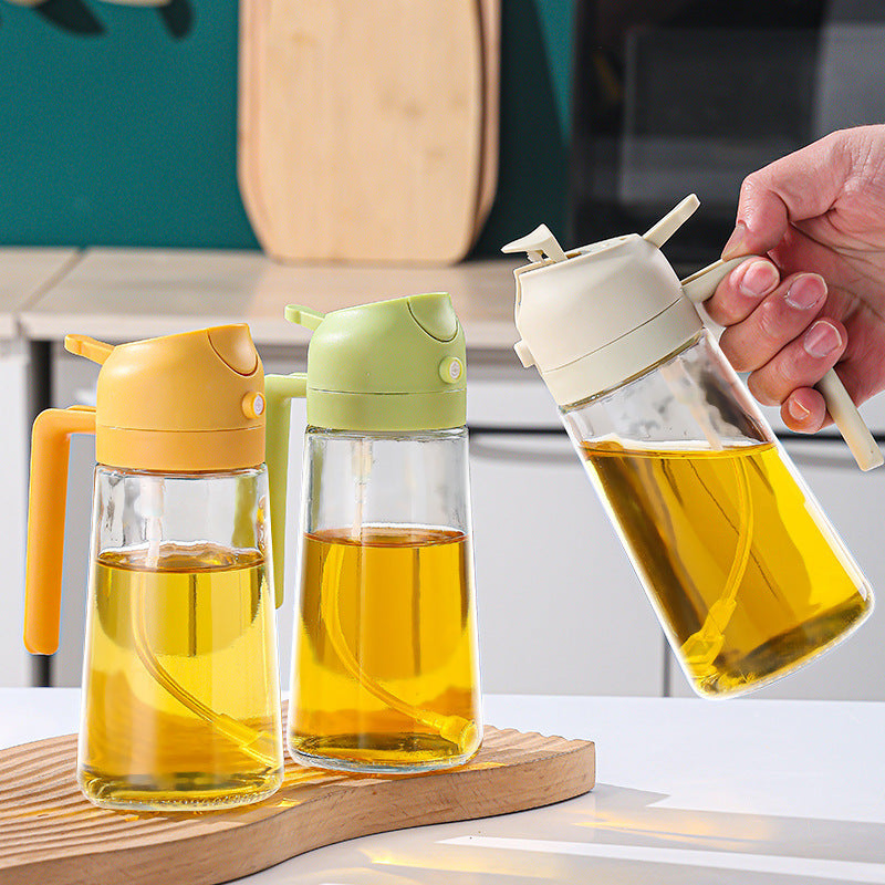 Oil dispenser bottles on a kitchen countertop