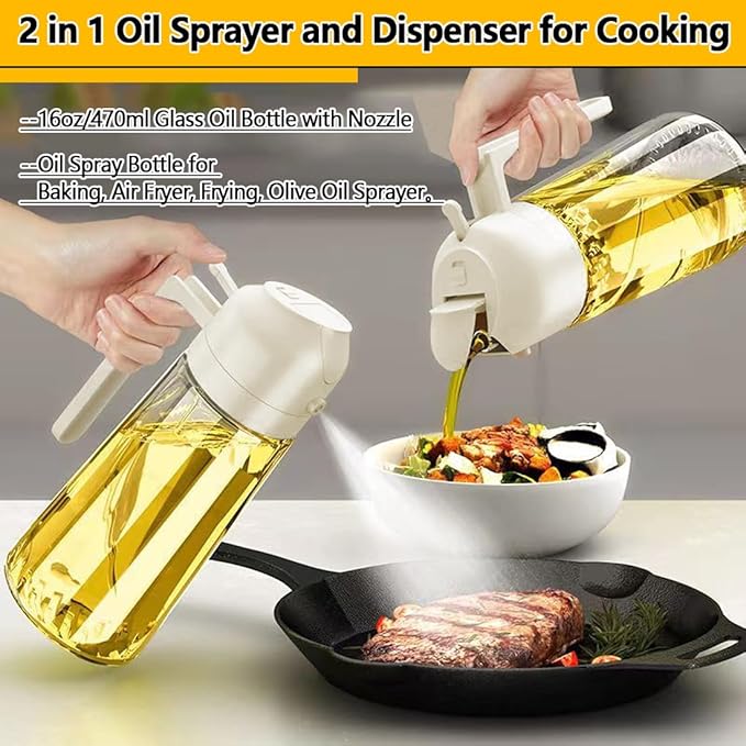 Oil bottle pouring over salad and spraying near cookware